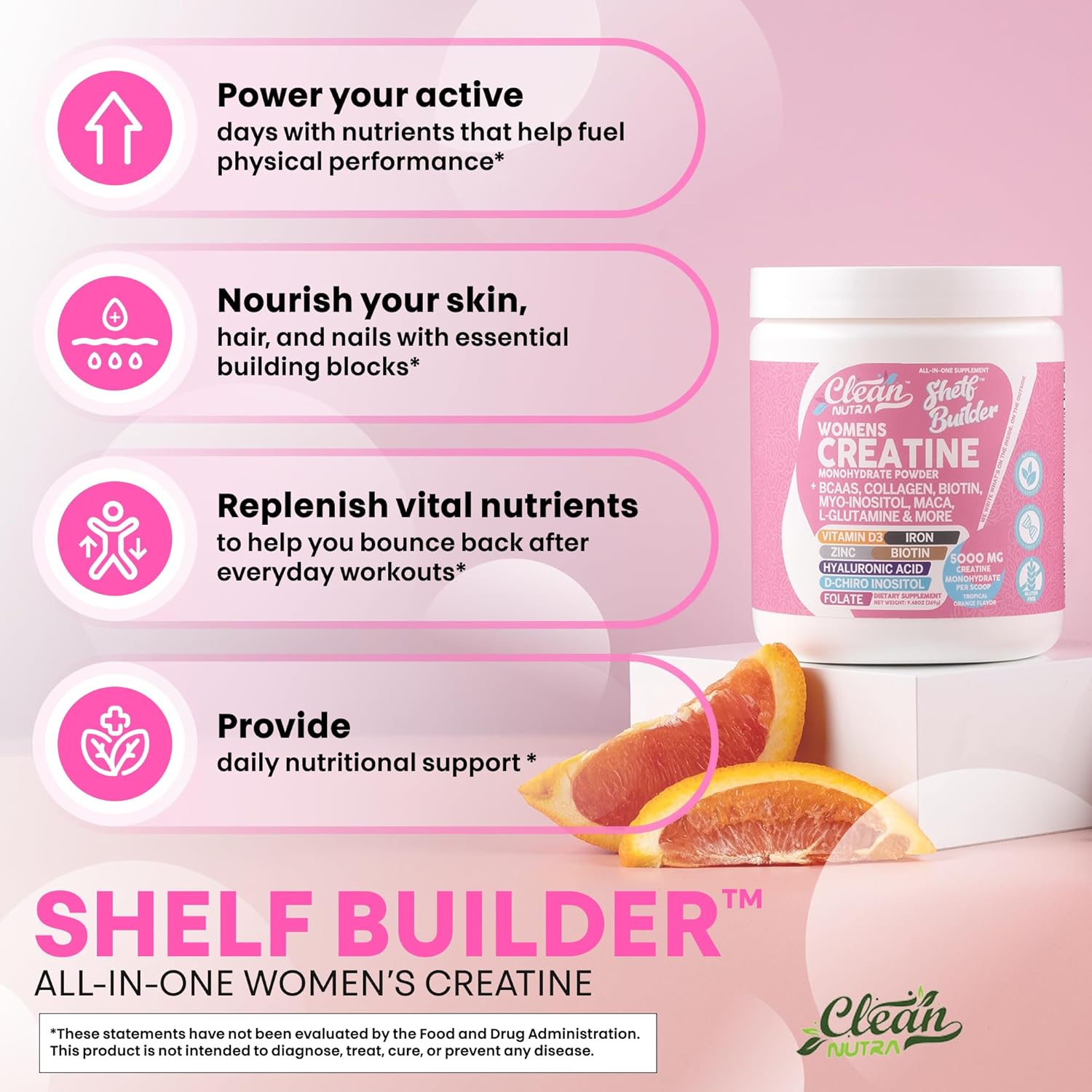 Creatine for Women | Creatine Monohydrate + BCAA Powder Myo-Inositol Collagen Biotin Hyaluronic Acid Folate L Glutamine Vitamin D3 Iron Zinc D-Chiro-Maca Digestion Shelf Builder by Clean Nutra - Image 5