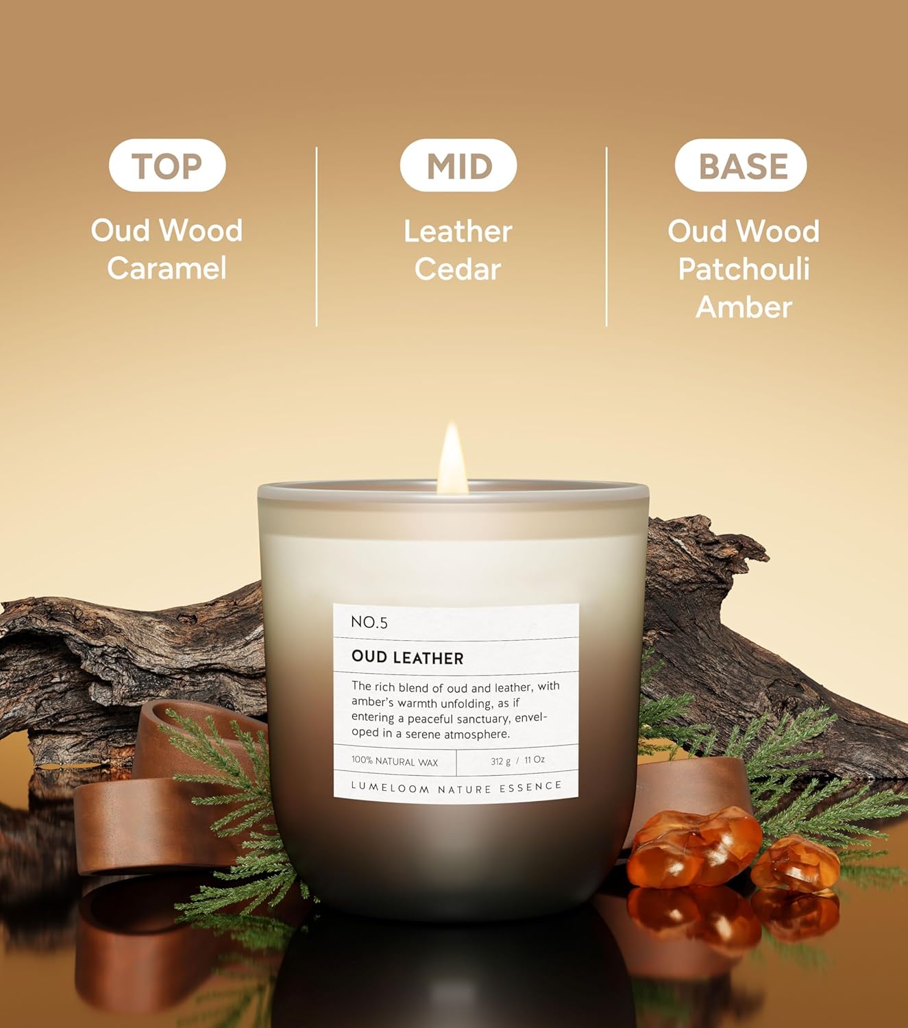 Oud & Leather Scented Candle, 11oz Aromatherapy Soy Wax Candles for Home Scented, Long Lasting, Oud Leather Scent for Home, Gifts for Men, Women, Friends, Teacher, Relaxation & Stress Relief - Image 2