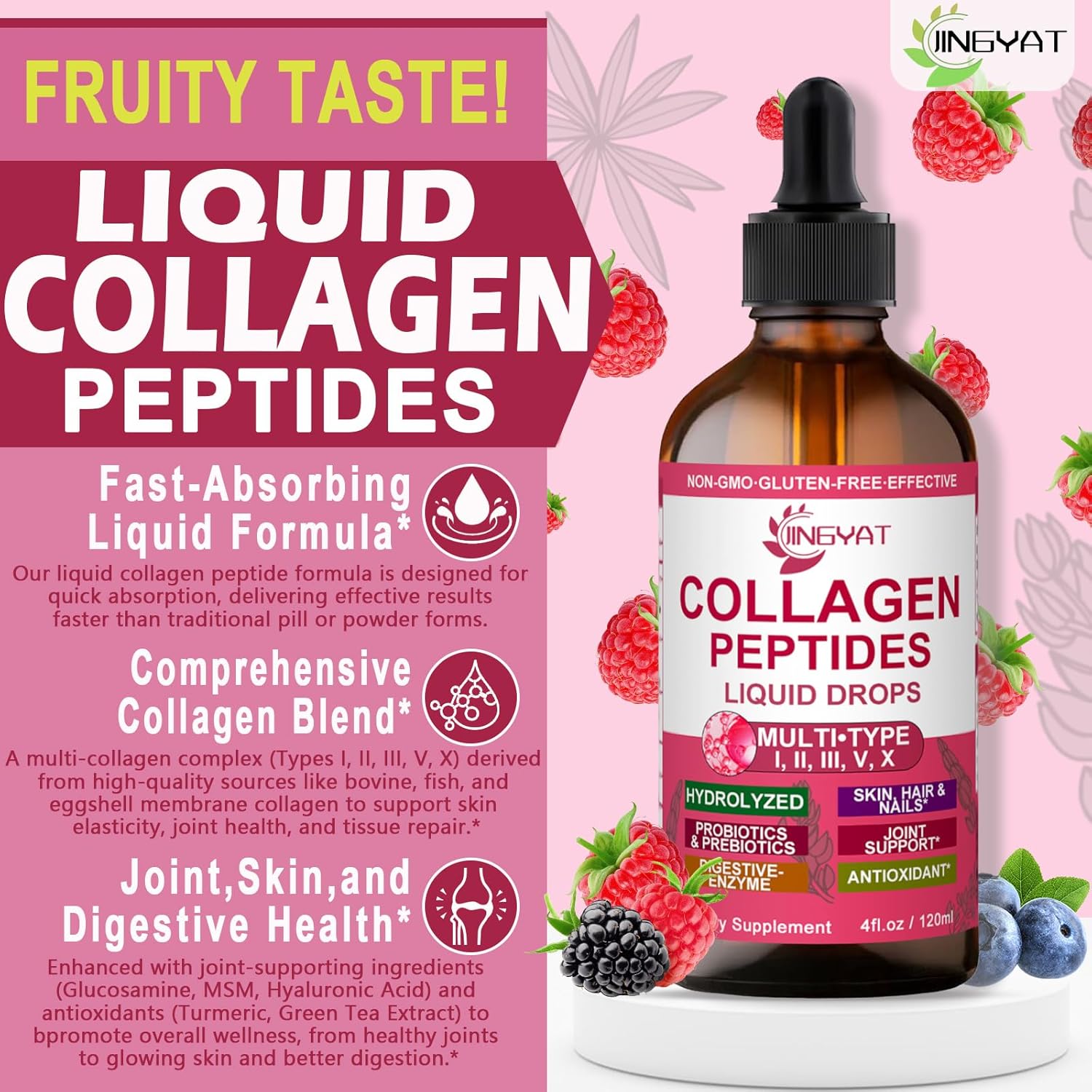 Collagen Peptides Liquid Drops, Multi Collagen Peptides for Women w/ Glucosamine Chondroitin MSM Biotin, Hydrolyzed Collagen Peptides Supports Skin Hair Nail Joints Bones Gut Health, 60 Servings - Image 3