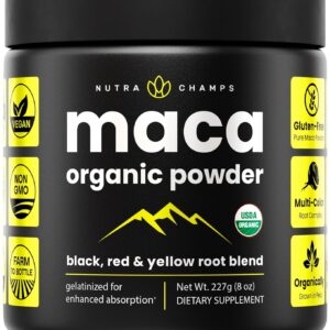 Organic Maca Powder - Peruvian Grown Maca Blend with Yellow, Black & Red Roots - Gelatinized for Superior Bioavailability - Natural, Vegan & Non-GMO, 8oz