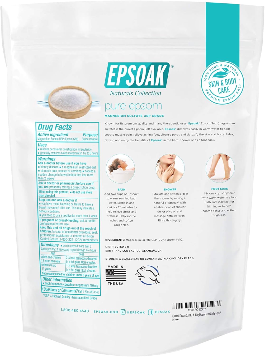Epsoak 38 lb Magnesium Sulfate USP Epsom Salt Unscented, 2-Pack Resealable Bags - Image 3