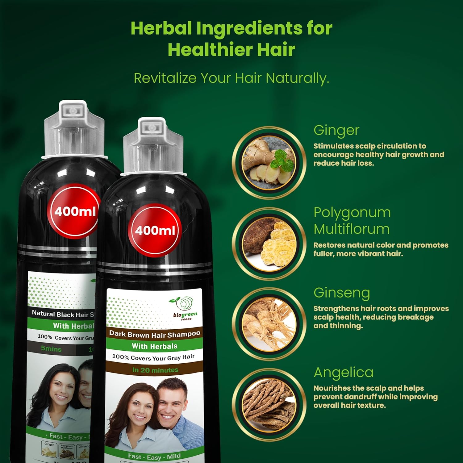 Ammonia-Free Natural Herbal Hair Shampoo for Men and Women Black Dark Brown 400 ml - Image 2