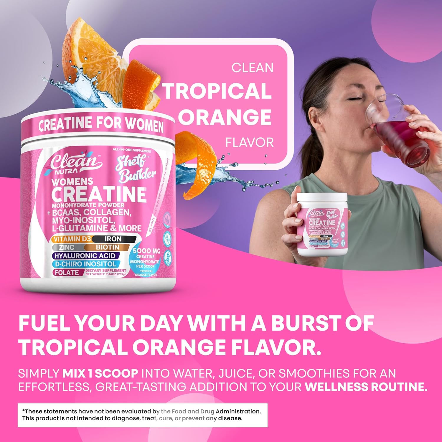 Creatine for Women | Creatine Monohydrate + BCAA Powder Myo-Inositol Collagen Biotin Hyaluronic Acid Folate L Glutamine Vitamin D3 Iron Zinc D-Chiro-Maca Digestion Shelf Builder by Clean Nutra - Image 7