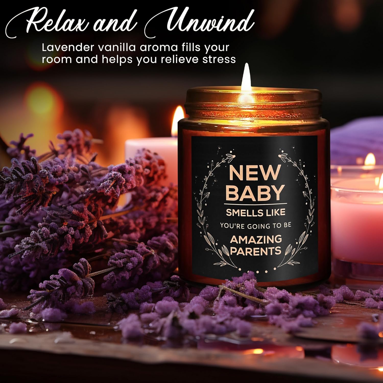 Expecting Parents' Lavender Vanilla Soy Wax Candle - Gender Reveal Gift, 8 oz - Image 2