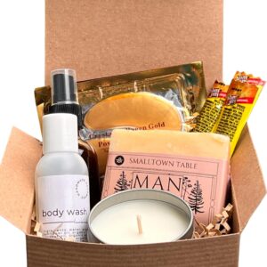 Man Spa Luxury Gift Set for Men - 6 Piece Body Grooming Kit with Body Wash, Soap Bar, Candle, Body & Face Oil, Lip Balm and Slim Jims - Perfect Father's Day Gift for Men, Manly Soap for Men