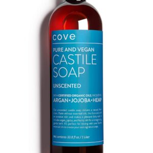 Cove Castile Soap Unscented - 1 Liter / 33.8 fl oz - Organic Argan, Jojoba, and Hemp Oils