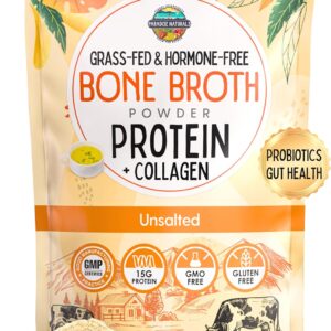 100% Grass-Fed Organic Beef Bone Broth Protein Powder, Active Probiotics, Collagen Peptide Rich, 15g Protein, Non-GMO, Low Sodium, Healthy Skin, Gut Health, Paleo Keto, No Gluten