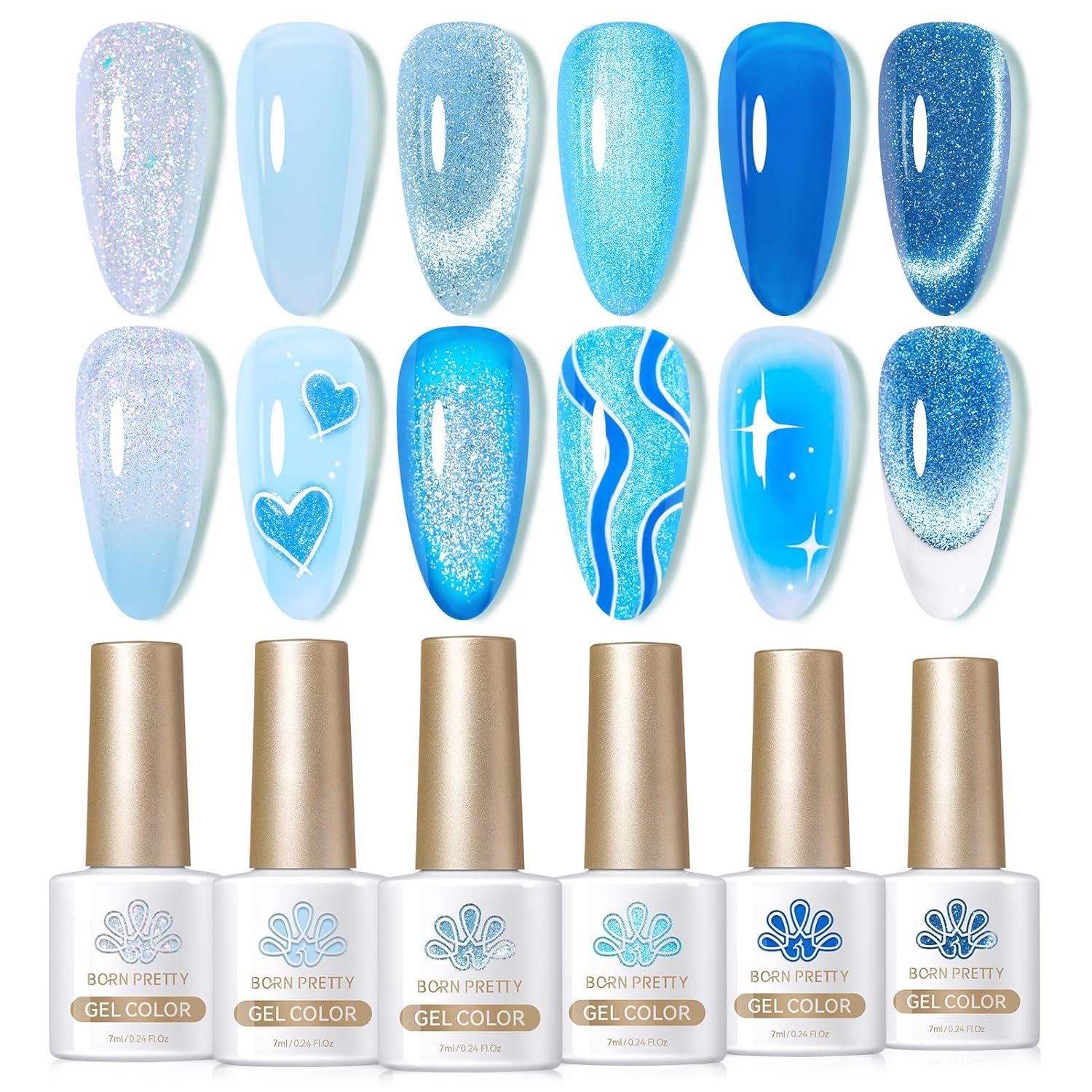 BORN PRETTY 4th of July Gel Nail Polish Blue Series,Jelly Transparent,Cat Magnetic Eye,Shimmer Glitter Holographic Blue Gel Polish Kit for Salon Manicure and Nail Art DIY at Home 6Colors - Image 9