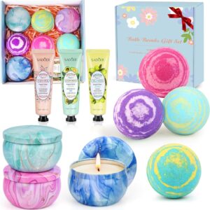 Bath Bombs for Women Gift Set - 4 Large Bath Bombs + 3 Scented Candles + 3 Hand Lotions, Handmade Moisturizing SPA Gift Baskets Fizzy Bath Bomb, Ideal Gift for Mother's Day, Birthday,Valentine's Day