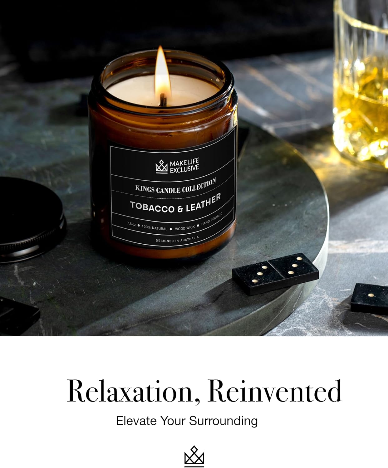 Scented Candles for Men | Tobacco & Leather Scented | Wooden Wick, Long Lasting, Masculine Scents | Natural Soy Jar Candle for Home, Bacehlor Pad Decor | The Perfect Mens Gift - Image 7