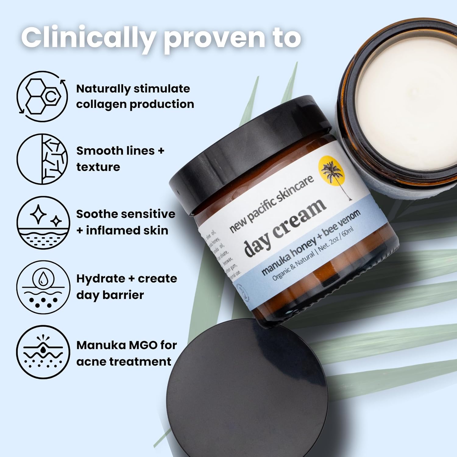 Organic Bee Venom + Manuka Day Barrier Face Moisturizer | Hydrating, Anti-Wrinkle, Collagen Booster | 2.5 month supply, 2oz/60ml | Made in New Zealand - Image 2