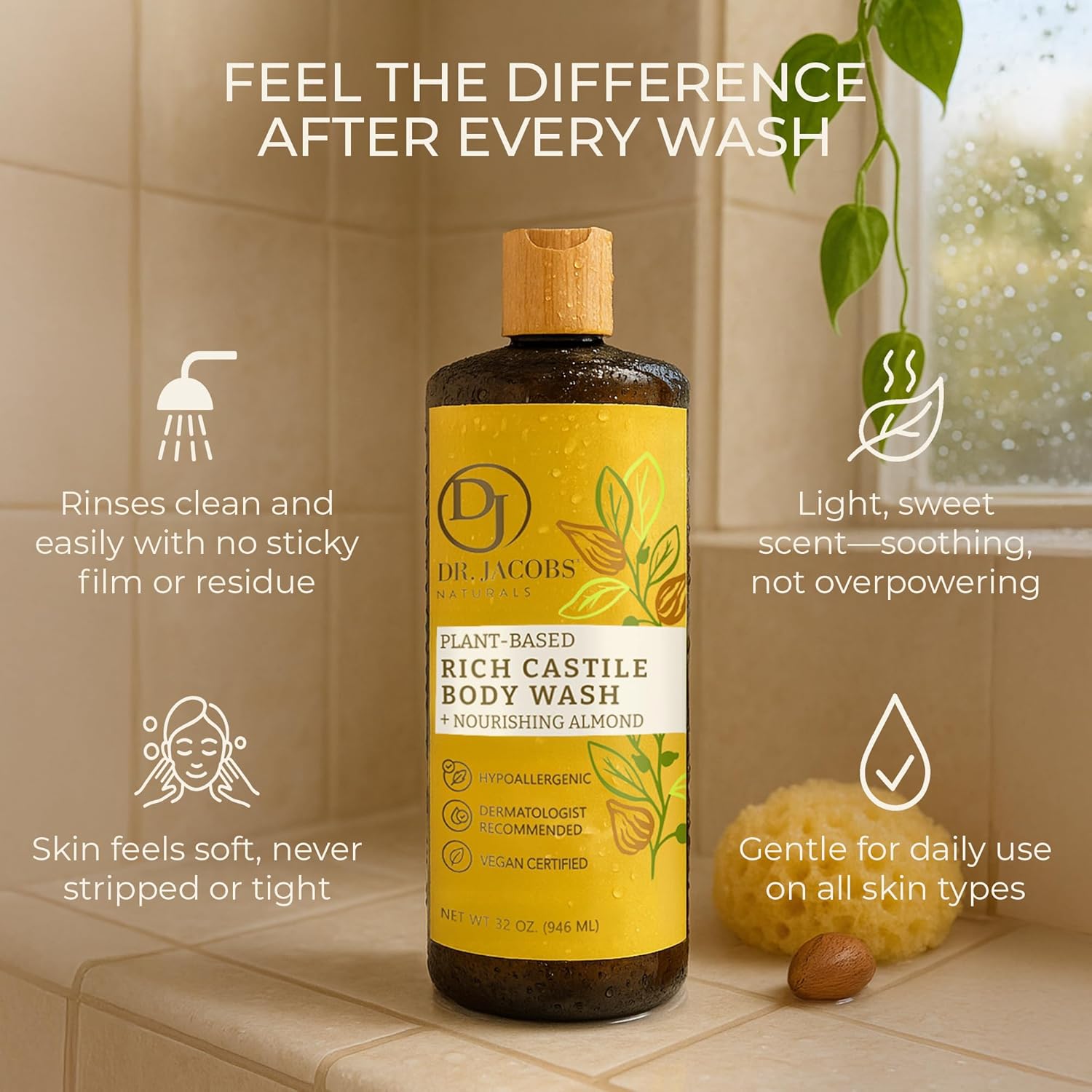 Dr. Jacobs Naturals Castile Almond All-Natural Body Wash for Moisturizing Dry and Sensitive Skin with Plant-Based Ingredients with Pump - 32 Ounce - Image 4