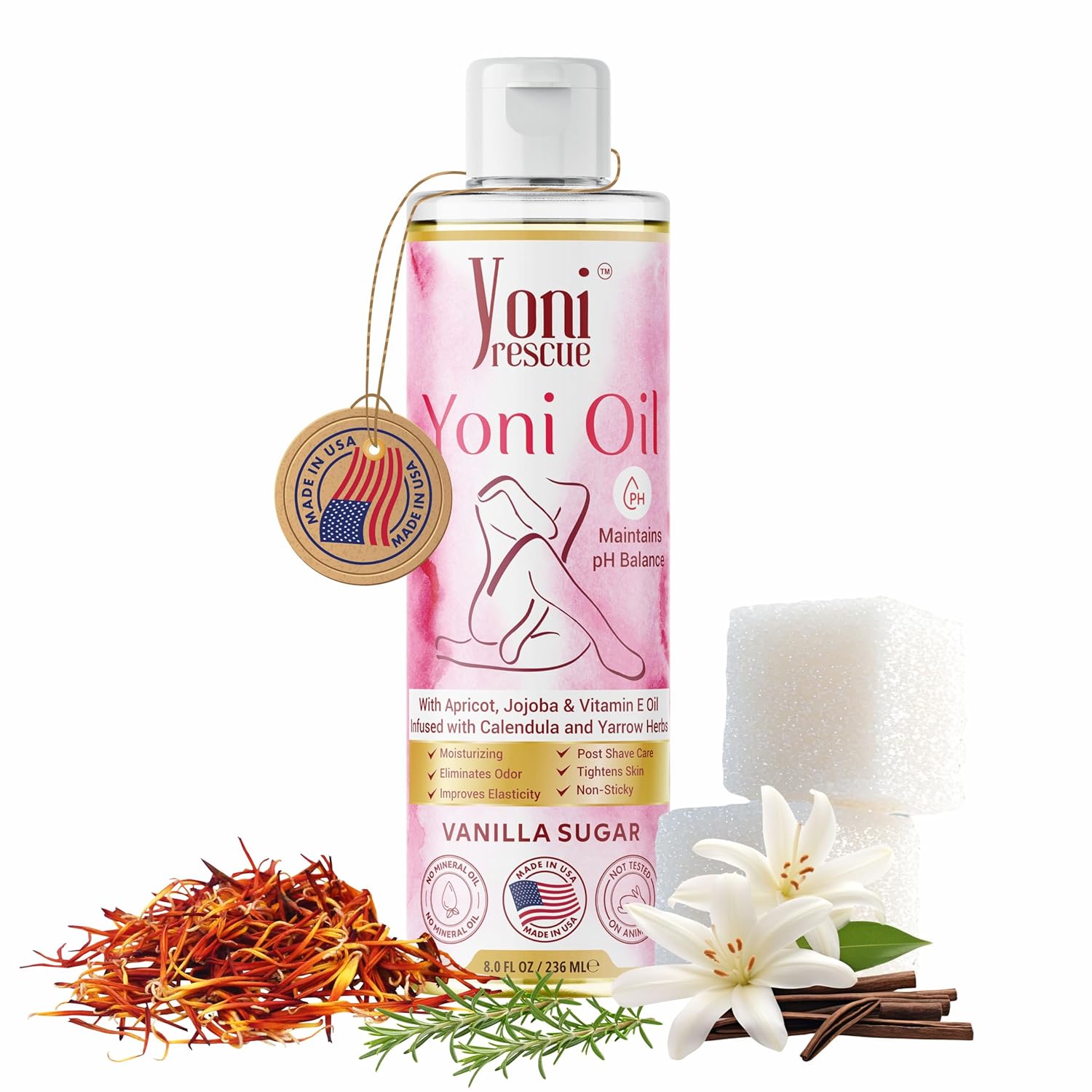 Yoni Oil For Women | Made in USA with Apricot, Jojoba, Vitamin E oil | Daily Moisturizing All Natural Feminine care Oil for Dark Spots, Ingrown Hair | pH Balance | Eliminates Odor | 8 oz | Vanilla