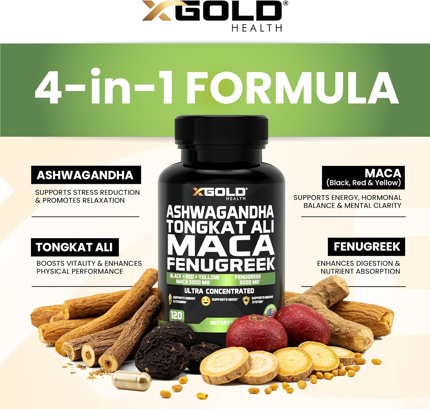 Ashwagandha 5000mg, Tongkat Ali 1000mg, Maca 5000mg, Fenugreek 3000mg Men & Women 60 Count Capsules - Image 3