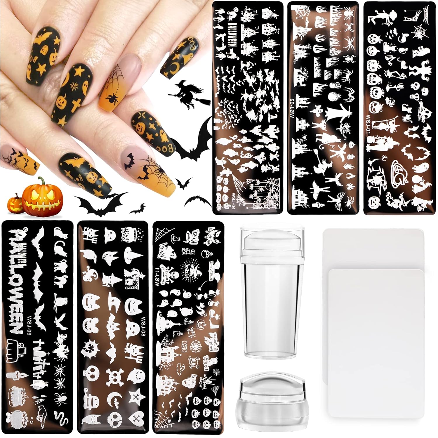 10Pcs Halloween Nail Stamp Plate Kit, 6Pcs Nail Art Image Templates 2 Stamper 2 Scraper Pumpkin Bat Witch Spider Owl for DIY Holiday Nail Art Stamping Stencils Design(Halloween Style)