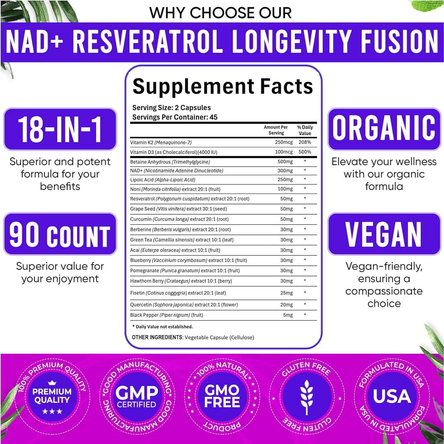 NAD Supplement. Longevity Formula with Liposomal NAD+, Trans Resveratrol, Quercetin, Berberine, Betaine Anhydrous, Grape Seed, Fisetin. NAD Resveratrol Supplement with Berberine 90 Capsules. - Image 7