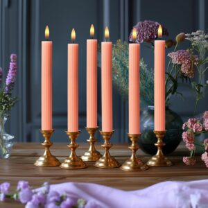 6 Pack, 10" LED Flameless Pink Peach Fluted Ribbed Grooved Taper Candles, Remote & 24h Timer Memory, On/Off Button, Dimmable, Flicker Mode, Battery Operated, Christmas Menorah Wedding