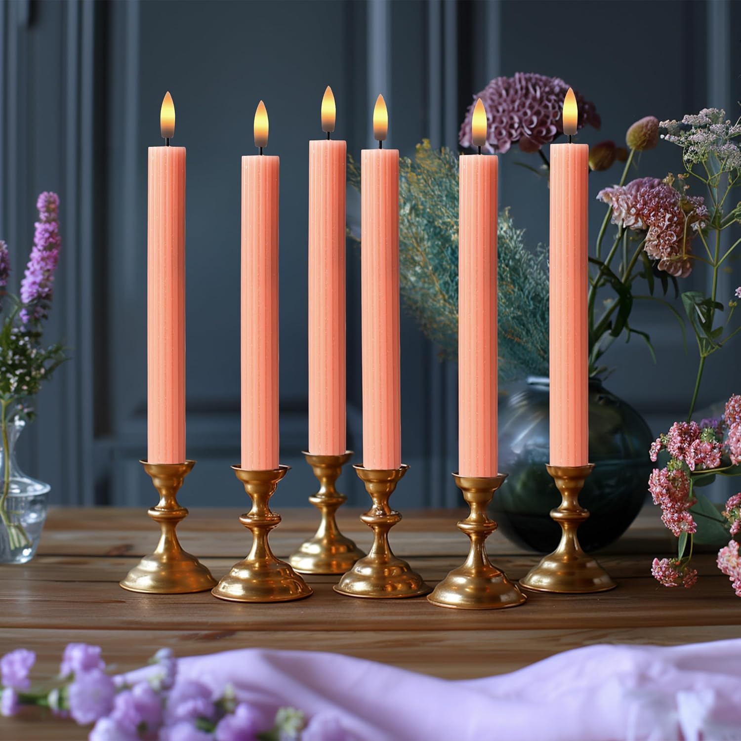 6 Pack, 10" LED Flameless Pink Peach Fluted Ribbed Grooved Taper Candles, Remote & 24h Timer Memory, On/Off Button, Dimmable, Flicker Mode, Battery Operated, Christmas Menorah Wedding