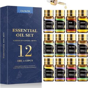 Essential Oils by SACATR Natural Essential Oil Set -12 Essential Oils Gift Set for Diffuser, Massage, Fragrance Oil Scent for DIY Candle and Soap Making (12 * 5ML)
