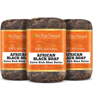 It's Pure Natural African Black Soap Bars with Extra Rich Shea Butter (Pack of 3) Organic Raw Soap for Face & Body, Acne Treatment & Dark Spot Remover [Made in Ghana]