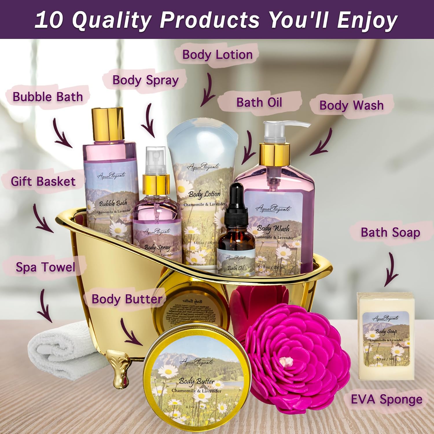 Spa Gift Baskets For Women - Luxury Bath Set With Lavender & Chamomile - Spa Kit Includes Body Wash, Bubble Bath, Lotion, Body Butter, Soap, Body Spray, Shower Puff, and Towel - Image 2