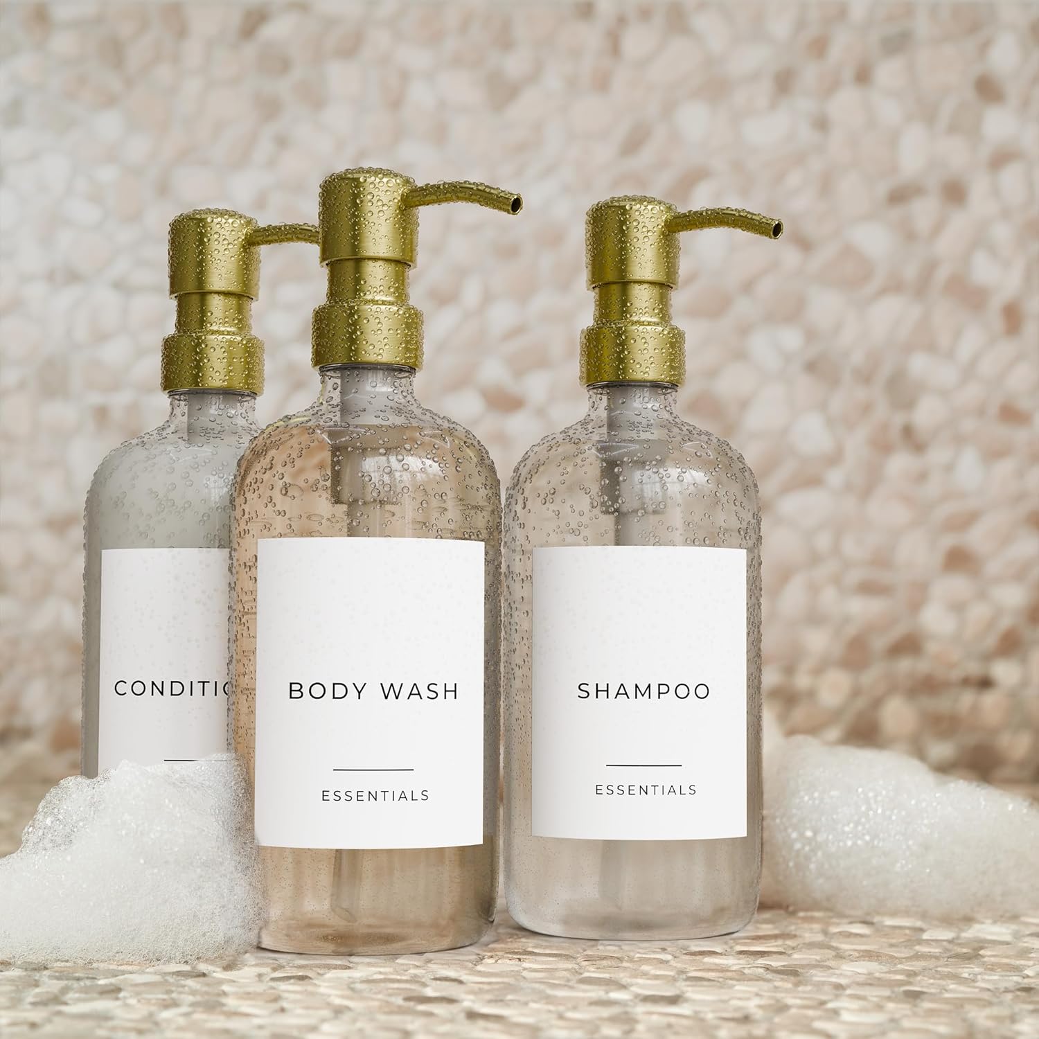 Modern Clear 21oz Shampoo and Conditioner Dispenser Set of 3 with Pumps and Labels for Bathroom Decor - Image 8