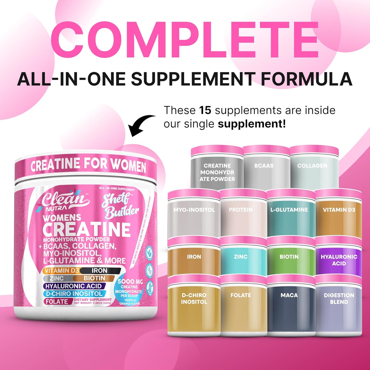 Creatine for Women | Creatine Monohydrate + BCAA Powder Myo-Inositol Collagen Biotin Hyaluronic Acid Folate L Glutamine Vitamin D3 Iron Zinc D-Chiro-Maca Digestion Shelf Builder by Clean Nutra - Image 2
