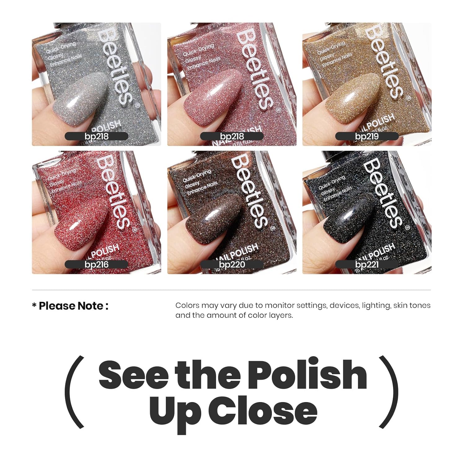 Beetles Glitter Nail Polish Set, 6 Color Silver Pink Gold Red Brown Black Quick Air Dry Nail Polish Natural Elegant Nail Lacquer Manicure DIY Nail Art Salon Gifts For Women - Image 6