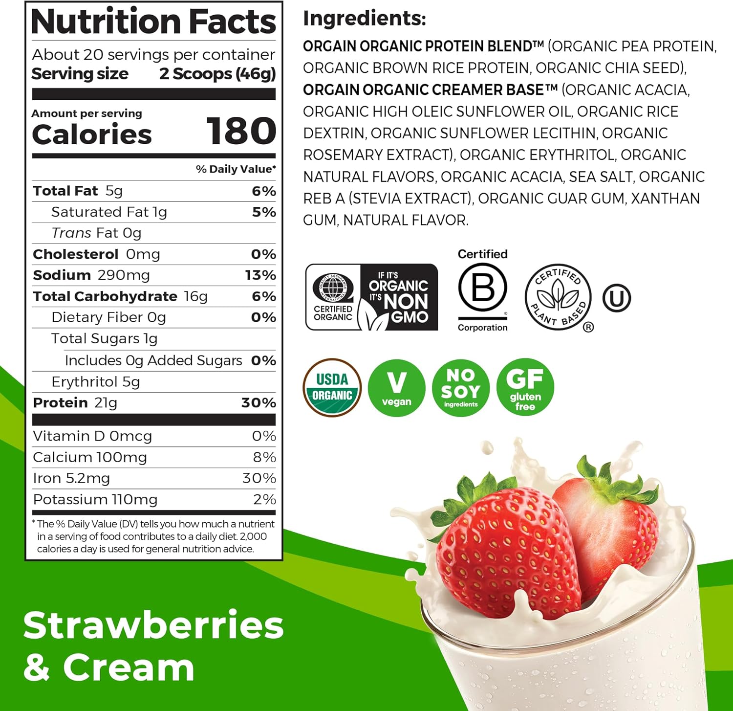 Orgain Organic Vegan Protein Powder Strawberries Cream 2.03 Lb 21g Protein Gluten Free No Sugar Added - Image 2