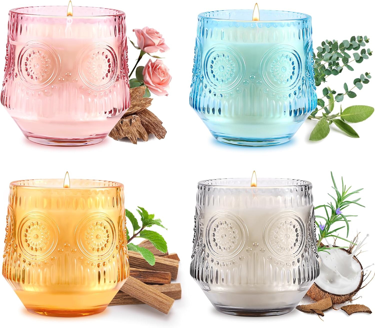 4 Pack Scented Candle Sets | Mother's Day Gifts Scented Candles for Home, Soy Candles for Home, Candle Gifts for Women - Vanilla Coconut/Eucalyptus Sage/Rose&Oud/Sandalwood Patchouli