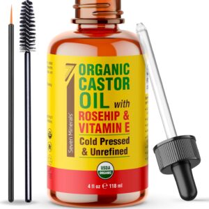 Seven Minerals Organic Castor Oil with Rosehip & Vitamin E for Eyelashes, Eyebrows, Face & Hair Growth - Glass Bottle, Cold Pressed & Hexane Free - Hydrates & Boosts Natural Hair Growth - 4 fl oz