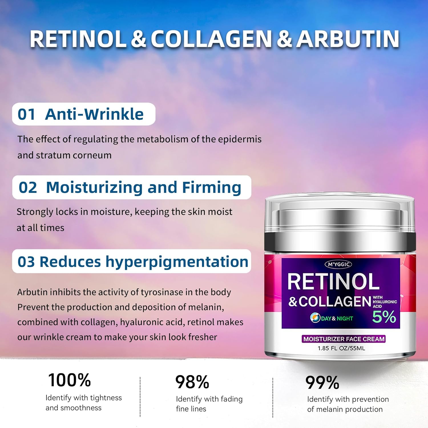 Hydrating Collagen Retinol Face and Neck Moisturizer Cream with Hyaluronic Acid Arbutin 1.85 Fl Oz - Image 3