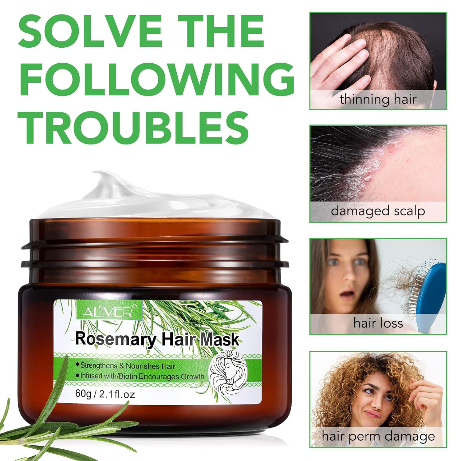 Rosemary Hair Masque, Hair Treatment Oil, Repairs Damage Hair Root, Essential Oil & Biotin Deep Treatment, Deep Conditioner Suitable for Dry & Damaged Hair-60g - Image 3