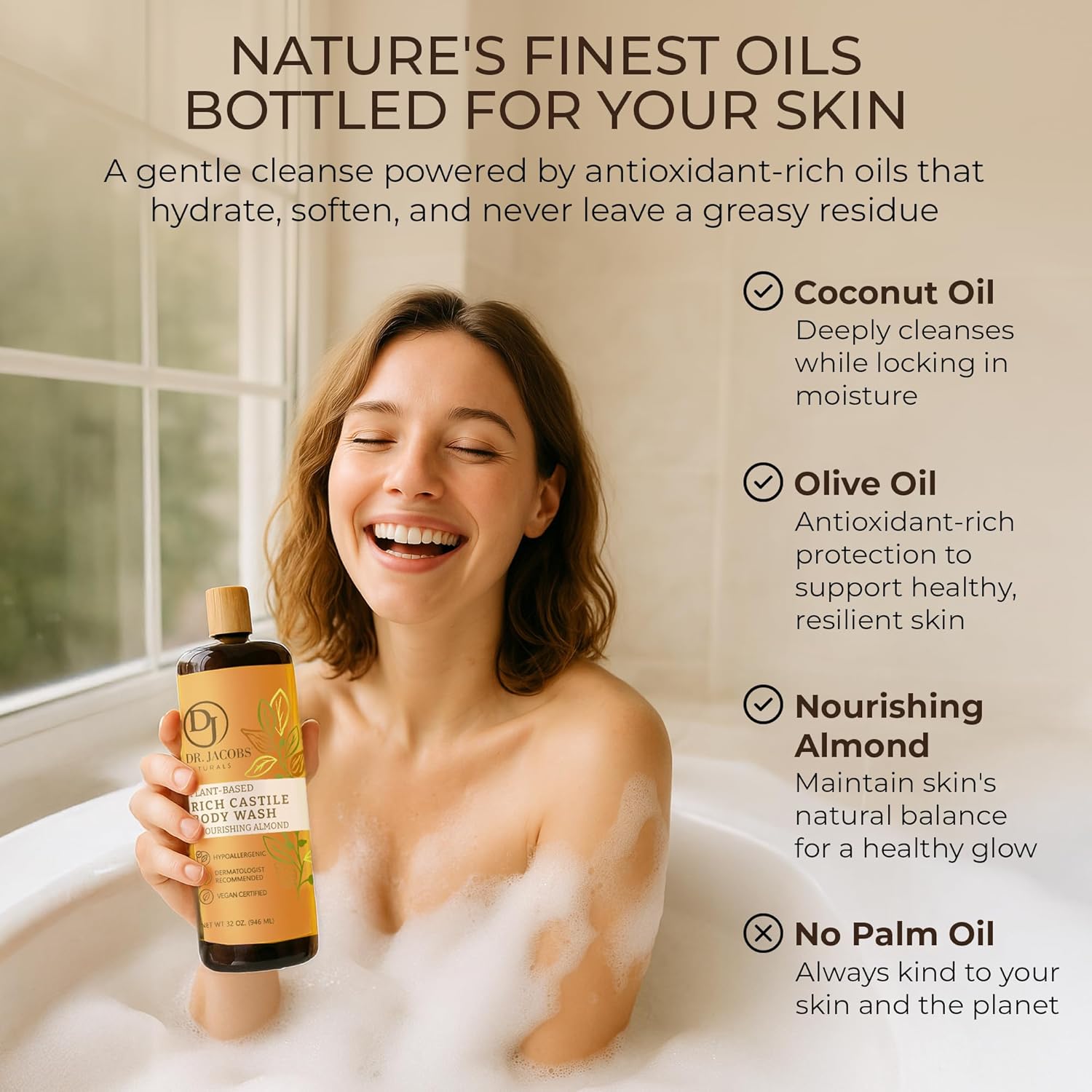 Dr. Jacobs Naturals Castile Almond All-Natural Body Wash for Moisturizing Dry and Sensitive Skin with Plant-Based Ingredients with Pump - 32 Ounce - Image 3
