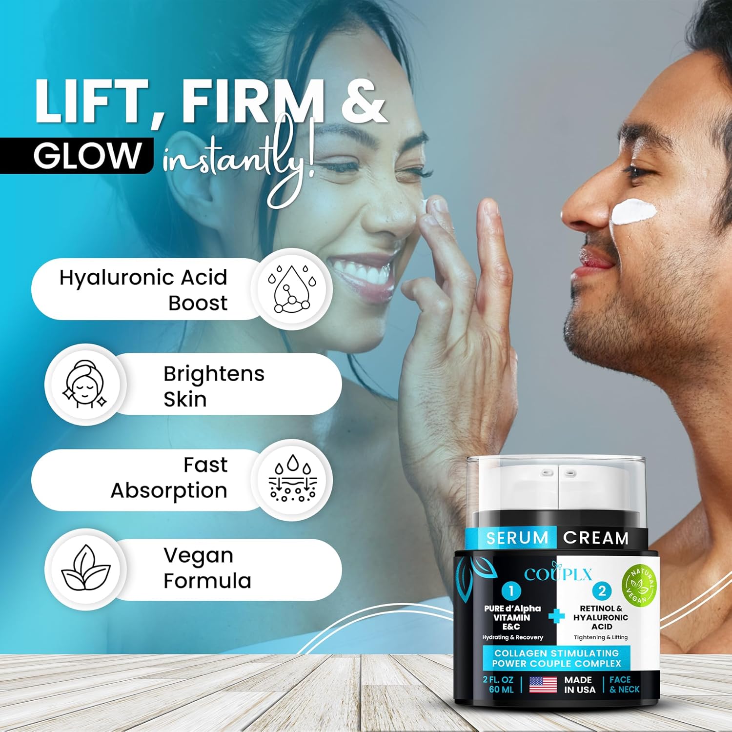 2-in-1 Collagen Booster, Retinol & Hyaluronic Acid Cream & Serum, Anti-Aging, Lifting Skin-Tightening Moisturizer for Men & Women, Neck and Décolleté, Made in USA Daily Moisturizer Face Cream, 2.0 oz - Image 6