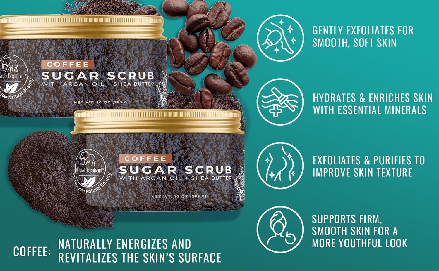 Natural Elephant Coffee Exfoliating Sugar Scrub with Argan Oil and Shea Butter 10 oz (283g) - Image 4