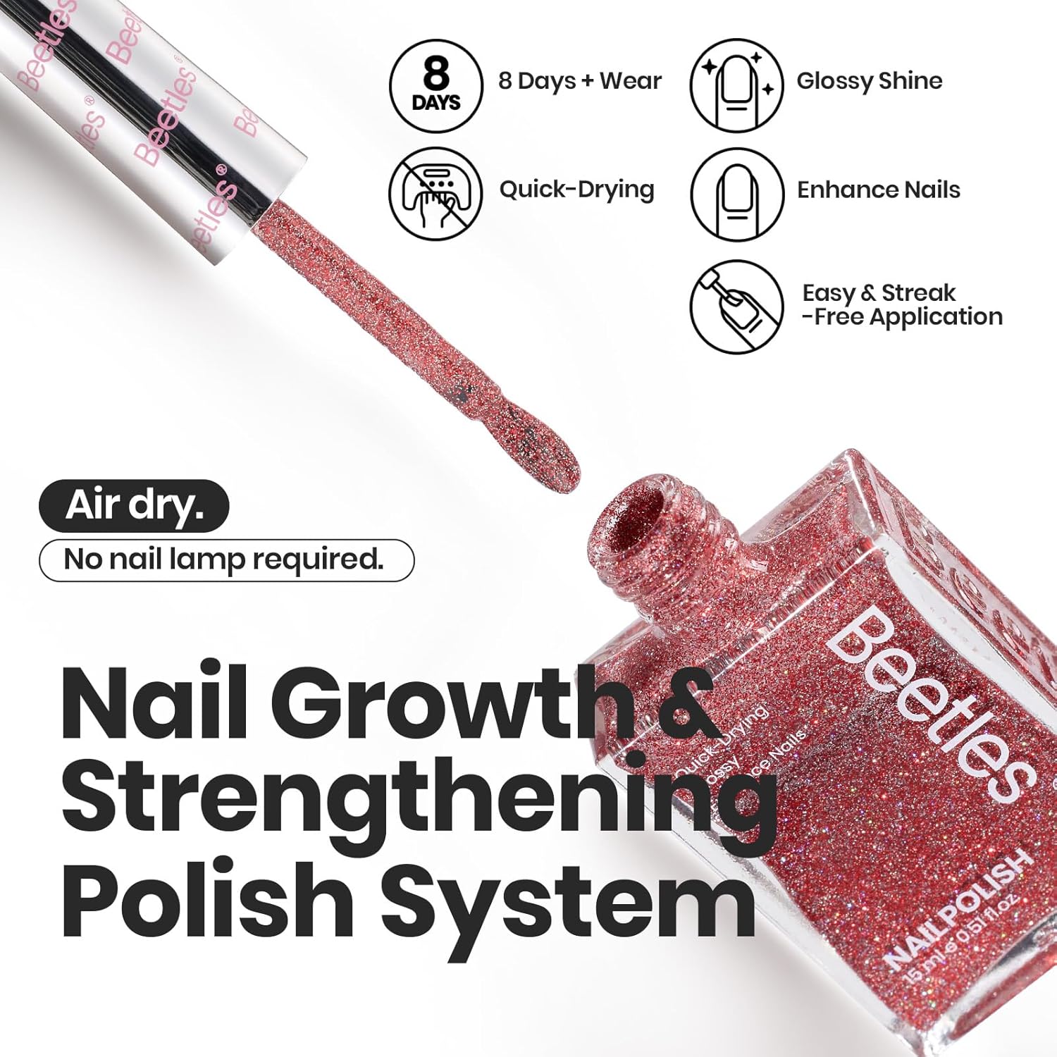 Beetles Glitter Nail Polish Set, 6 Color Silver Pink Gold Red Brown Black Quick Air Dry Nail Polish Natural Elegant Nail Lacquer Manicure DIY Nail Art Salon Gifts For Women - Image 2