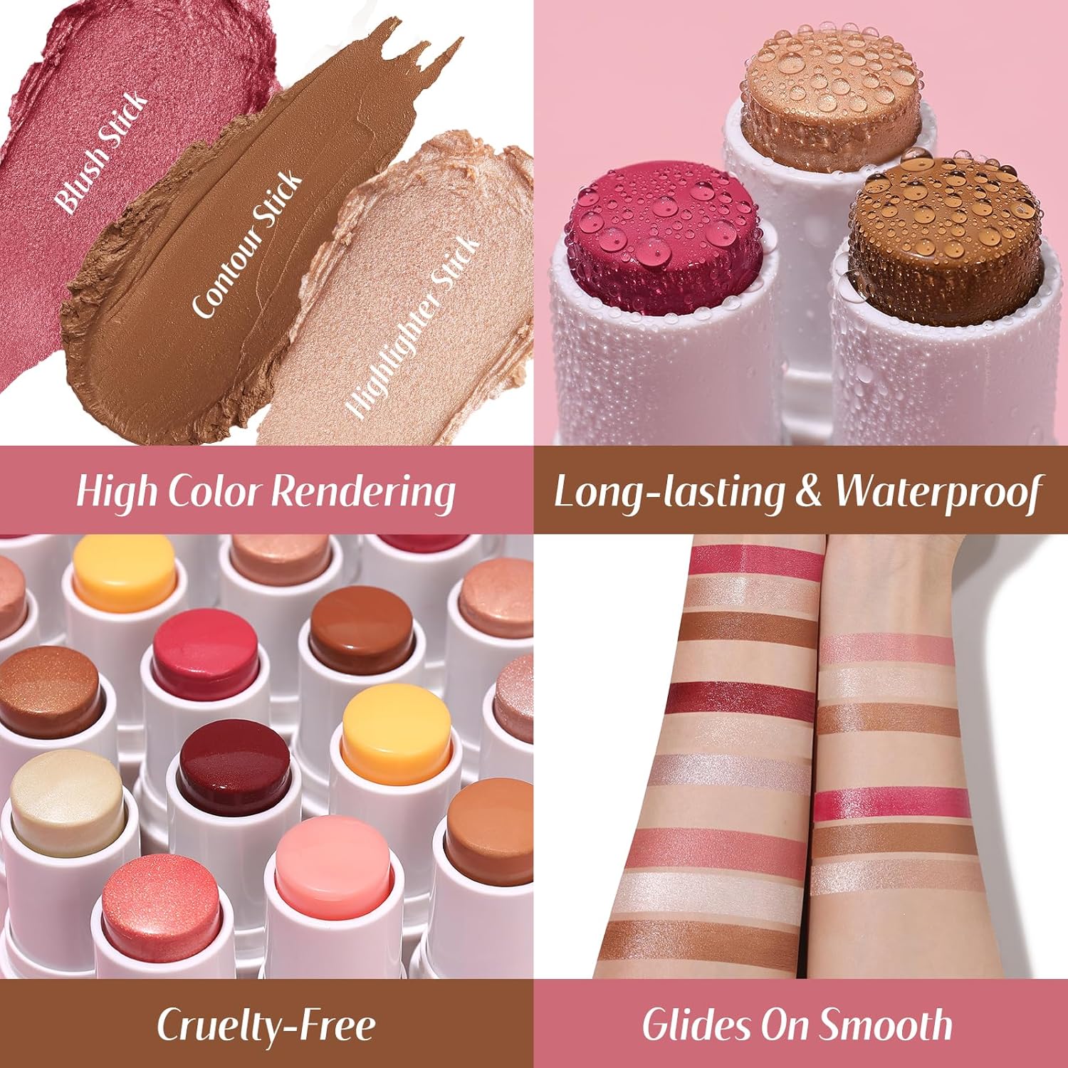 KIMUSE Face Sticks Trio, Cream Blush Stick & Highlighter Stick & Contour Stick for Sculpt the Cheeks, Long Lasting Cream Contour Stick Trio for Face Makeup, with Brush - Image 4