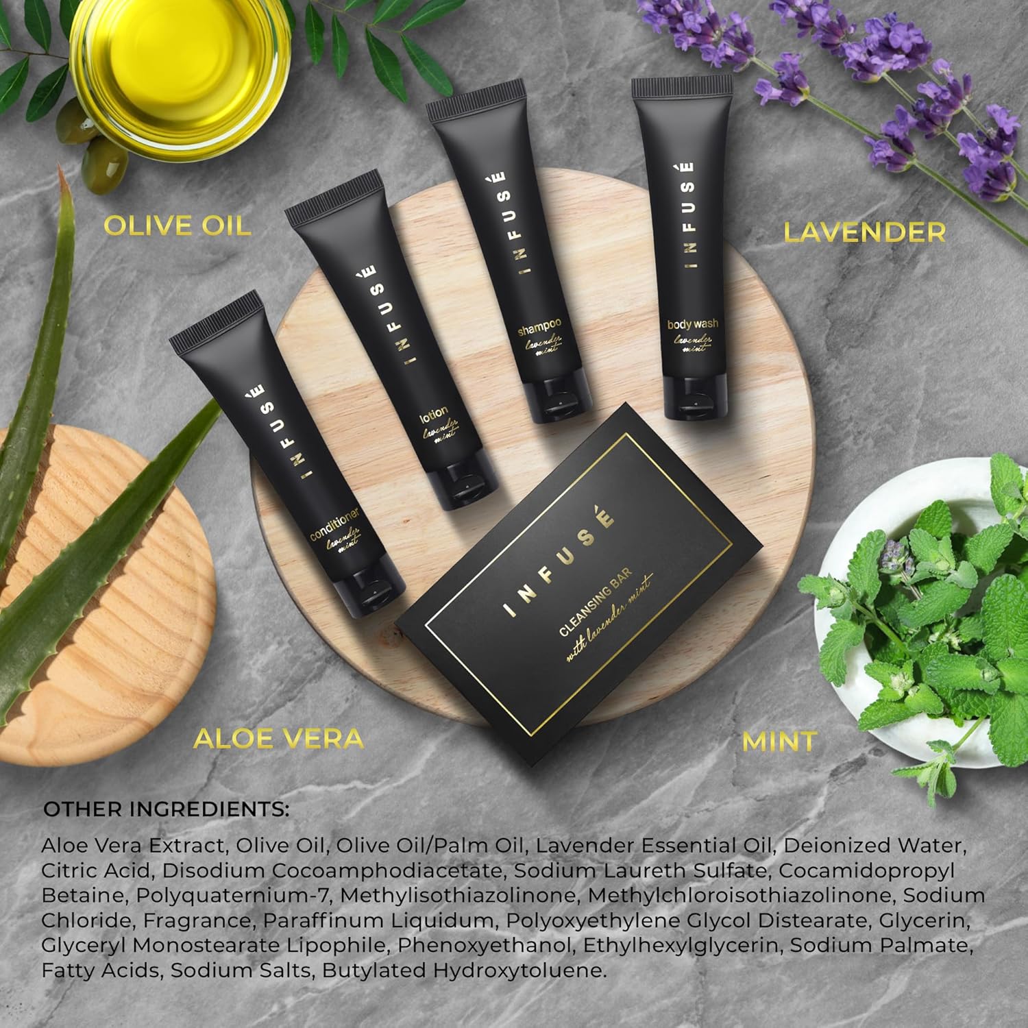 Infuse Black Soaps & Toiletries Bulk Set | 1-Shoppe Amenities Kit for Hotels & Vacation Rentals | 1 oz Shampoo, Conditioner, Body Wash, Lotion, 1.25 oz Cleansing Bar | 75 Pieces - Image 5