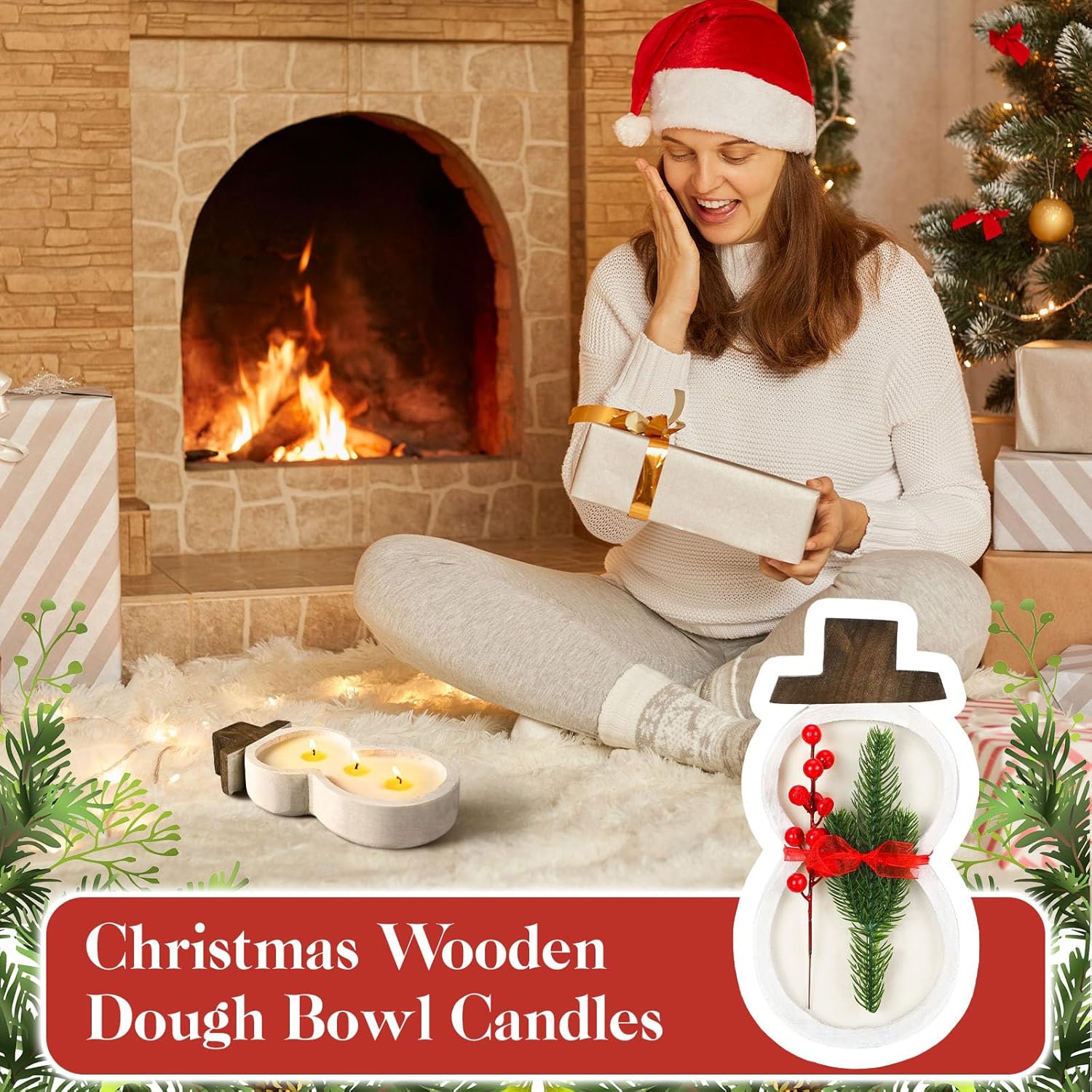 Hand-Carved Wooden Snowman Dough Bowl Candle with Farmhouse Style for Gifts - Image 6