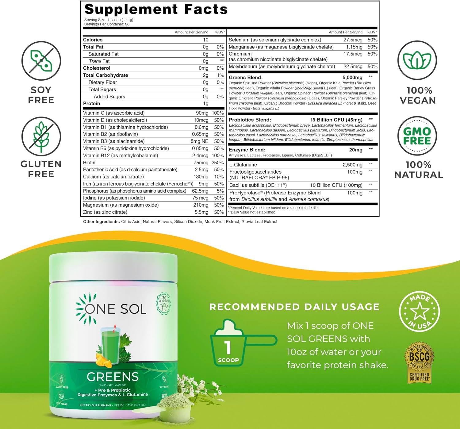 One Sol Greens, Super Greens Powder to Reduce Bloating & Improve Gut Health, Superfood Fresh Bloom Organic Greens Blend Juice & Smoothie Mix, Pre & Probiotic with Digestive Enzymes, Vegan & Soy Free - Image 4