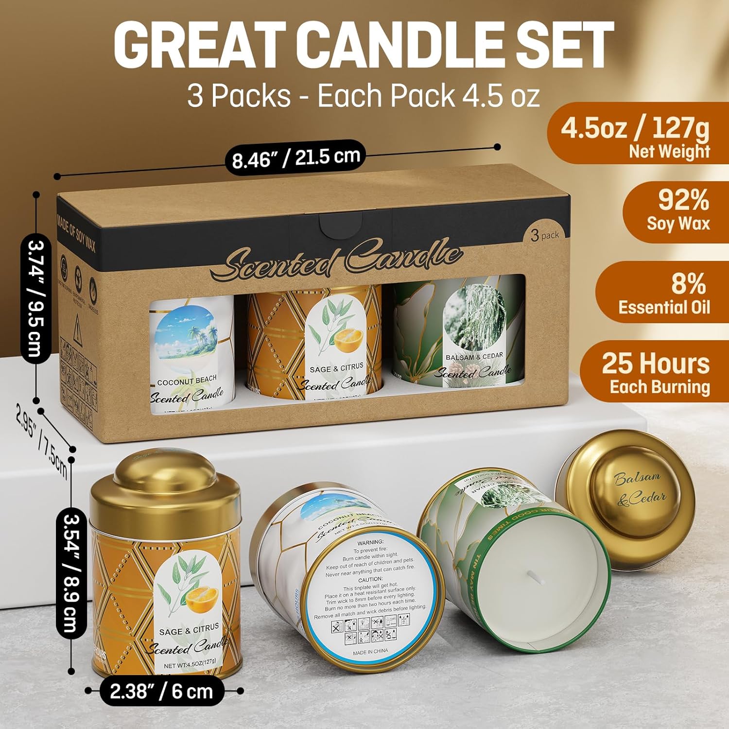 3-Pack Aromatherapy Candle Set - Balsam & Cedar, Sage & Citrus, Coconut & Beach Scented Candles | 4.5oz × 3 (13.5oz Total) | 75+ Hour Total Burn | Natural Soy Candles for Home, Gifts & Christmas - Image 2