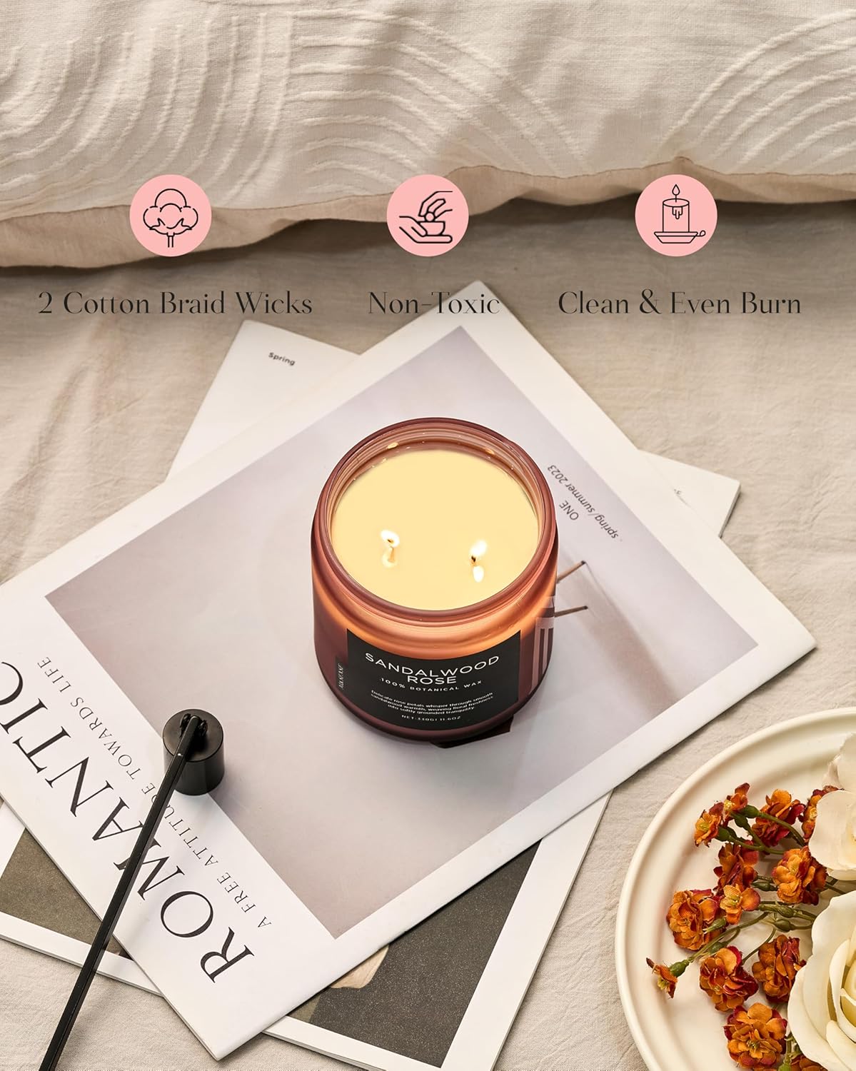 M&SENSE Sandalwood Rose Scented Candle - 11.6oz Natural Soy Wax Non Toxic 70-Hour Burn Long Lasting Candle, 2-Wick Strong Scent for Home - Slow-Burning Housewarming Gift for Men & Women - Image 5