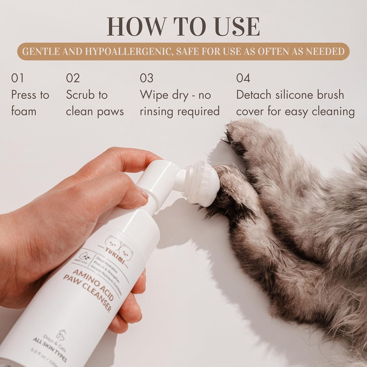 YUKIMI Premium Amino Acid Paw Cleanser with Silicone Bristle Brush for Dogs & Cats | Dermatologist Certified Hypoallergenic | Hydrating, Soothing, Deodorizing, Moisturizing | pH Balanced - 5.0 Fl Oz - Image 5