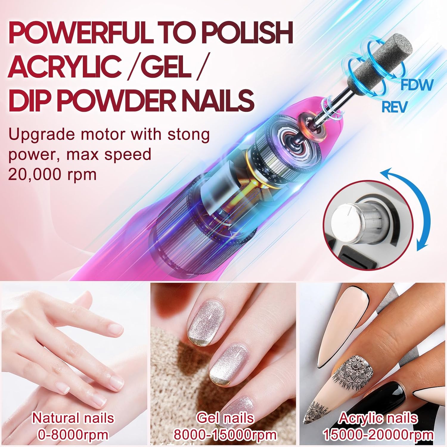 Professional Electric Nail Drill Machine Kit Acrylic Gel Dip Powder Art Shape Remover Polisher Grinder 156 Sanding Bands - Image 3