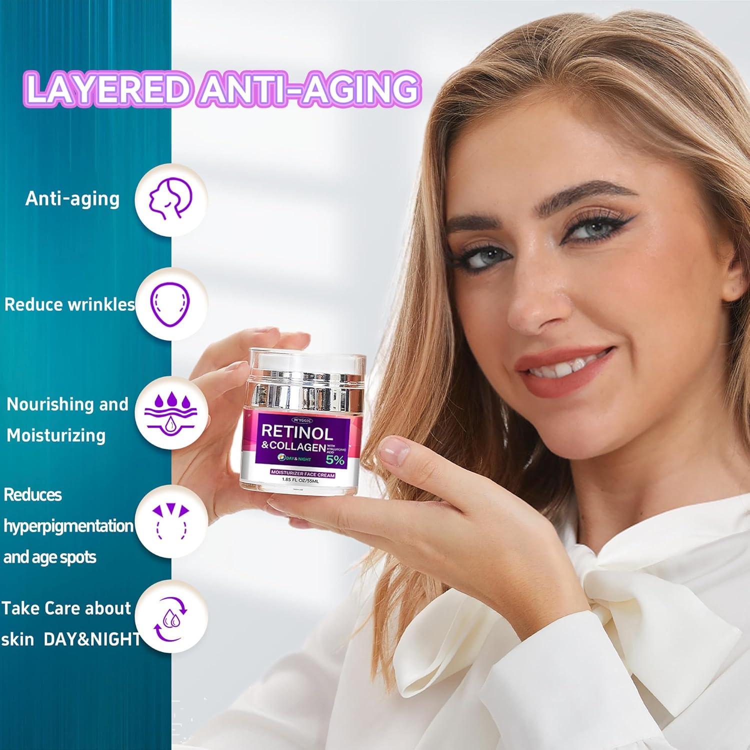 Hydrating Collagen Retinol Face and Neck Moisturizer Cream with Hyaluronic Acid Arbutin 1.85 Fl Oz - Image 2