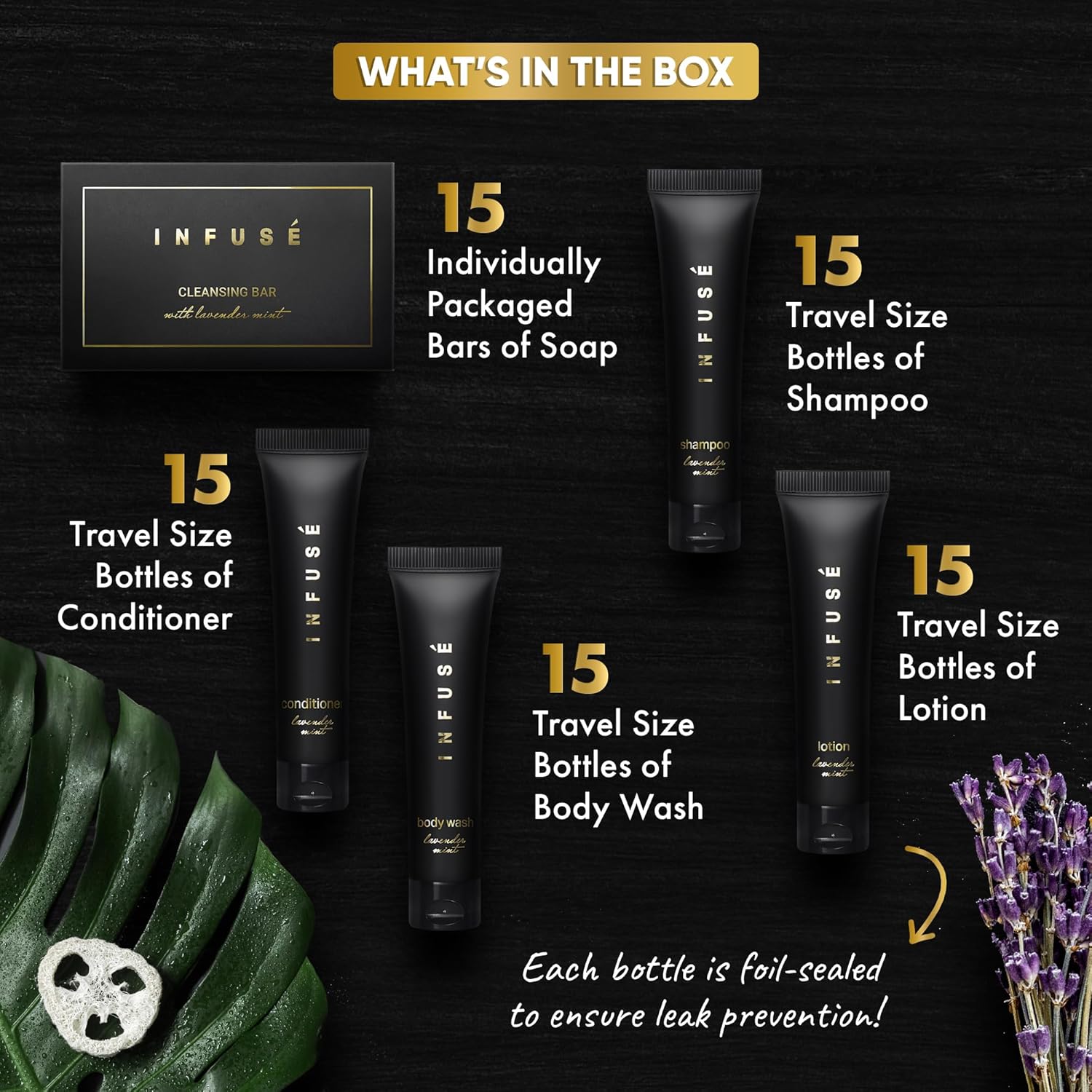 Infuse Black Soaps & Toiletries Bulk Set | 1-Shoppe Amenities Kit for Hotels & Vacation Rentals | 1 oz Shampoo, Conditioner, Body Wash, Lotion, 1.25 oz Cleansing Bar | 75 Pieces - Image 4