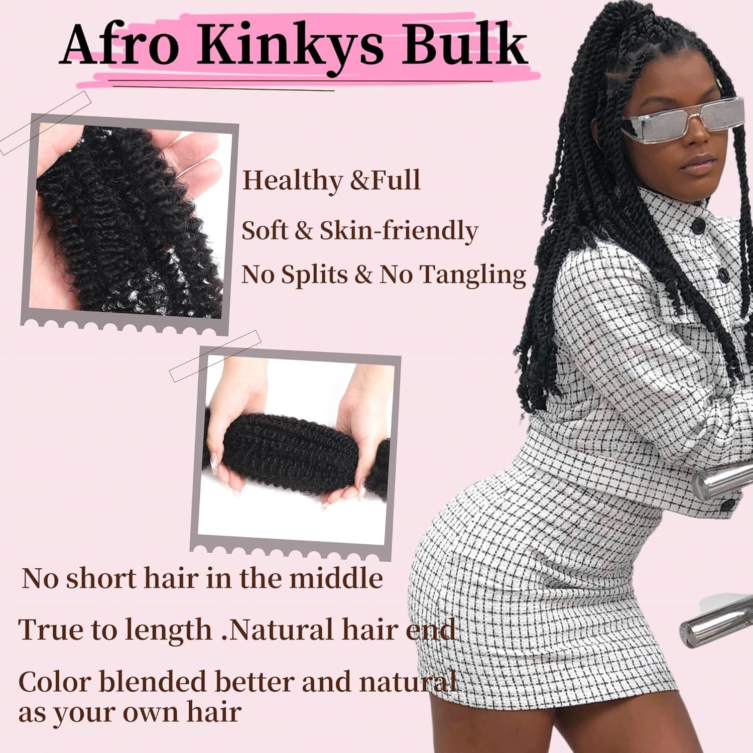 Afro Kinkys Bulk Human Hair 14 Inch 45g±5g/Pack for Dreadlock Extensions,Repair Locs, Twists and Braids Afro Kinky Curly bulk 100% Human Hair Natural Black Color (Natural Black, 14 inch) - Image 4