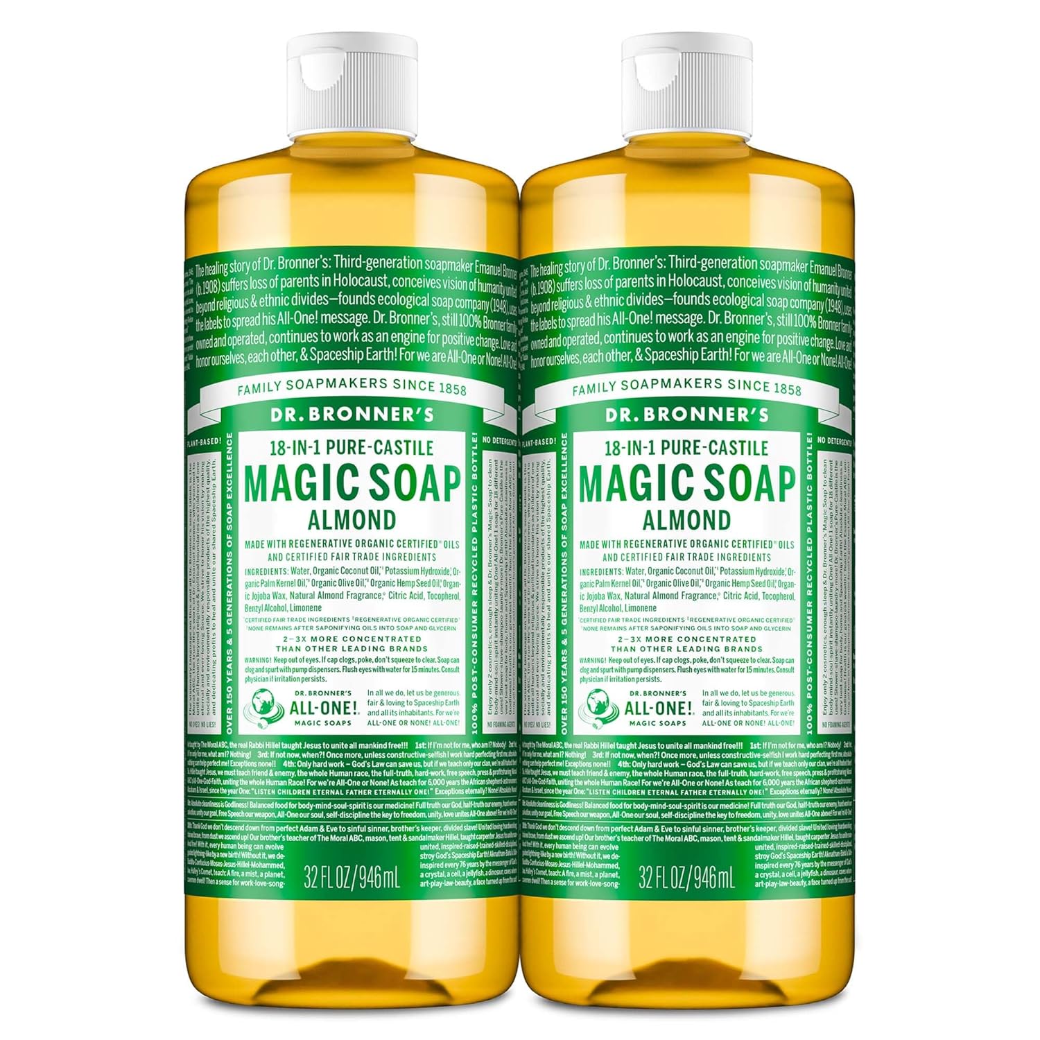 Dr. Bronner's Magic Soap - Pure-Castile Liquid Soap (Almond, 32 ounce, 2-Pack) - Regenerative Organic Certified Oils, 18-in-1 Uses: Body, Hair, Laundry, Pets & Dishes, Concentrated, Vegan, Non-GMO