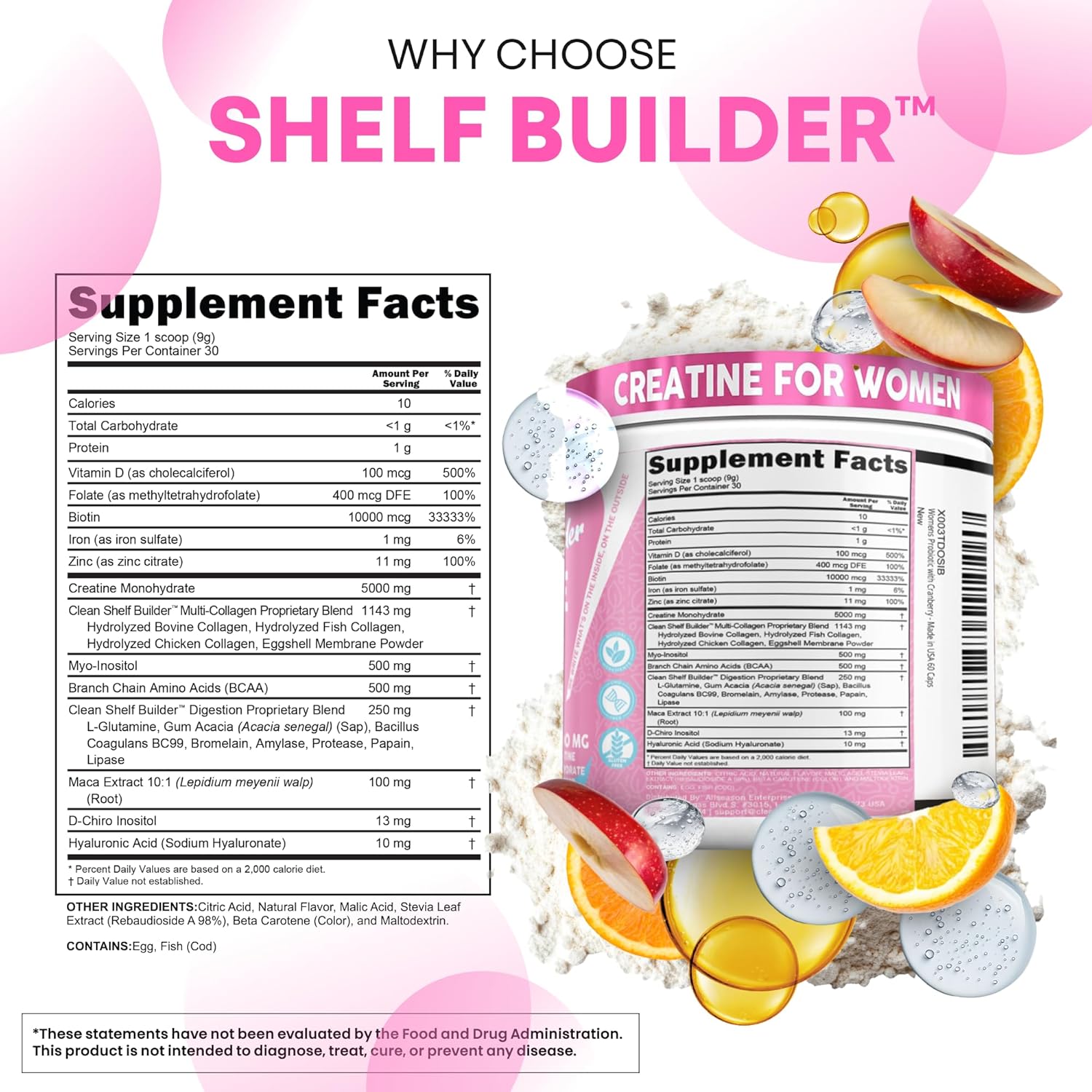 Creatine for Women | Creatine Monohydrate + BCAA Powder Myo-Inositol Collagen Biotin Hyaluronic Acid Folate L Glutamine Vitamin D3 Iron Zinc D-Chiro-Maca Digestion Shelf Builder by Clean Nutra - Image 4